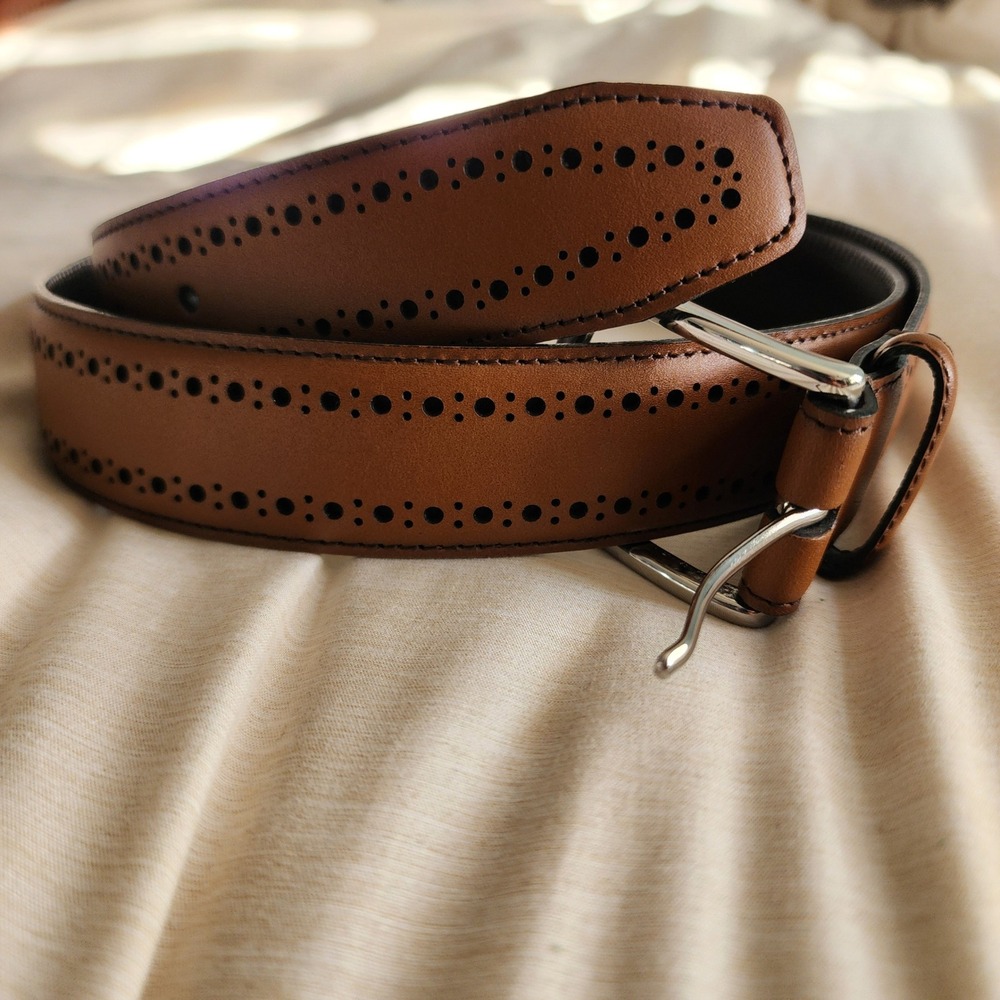 Allen Edmonds Belt Mens 40 Cognac Excellent Brogue Perforated Italian Calfskin